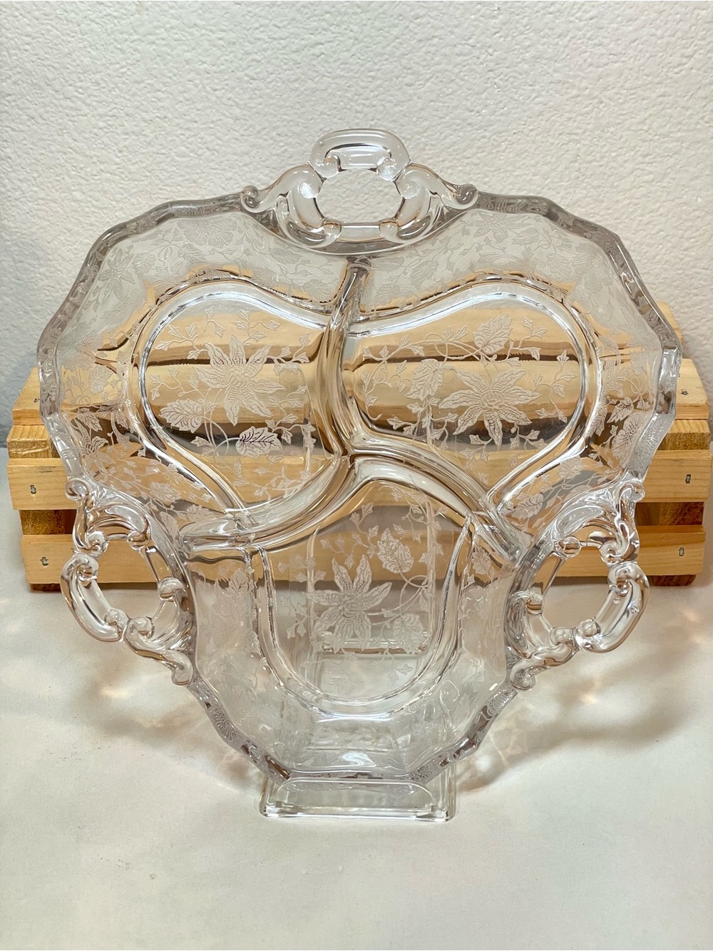 Cambridge Glass “Chantilly” Pattern Etched Clear Glass Tri-Divided Serving Dish